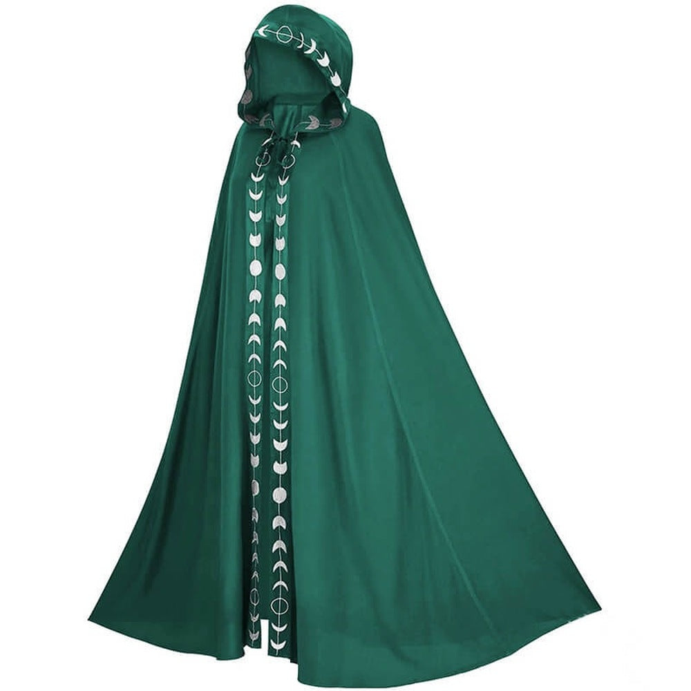 Green hooded cloak with silver moon phase trim, floor length, side view | Chaps London