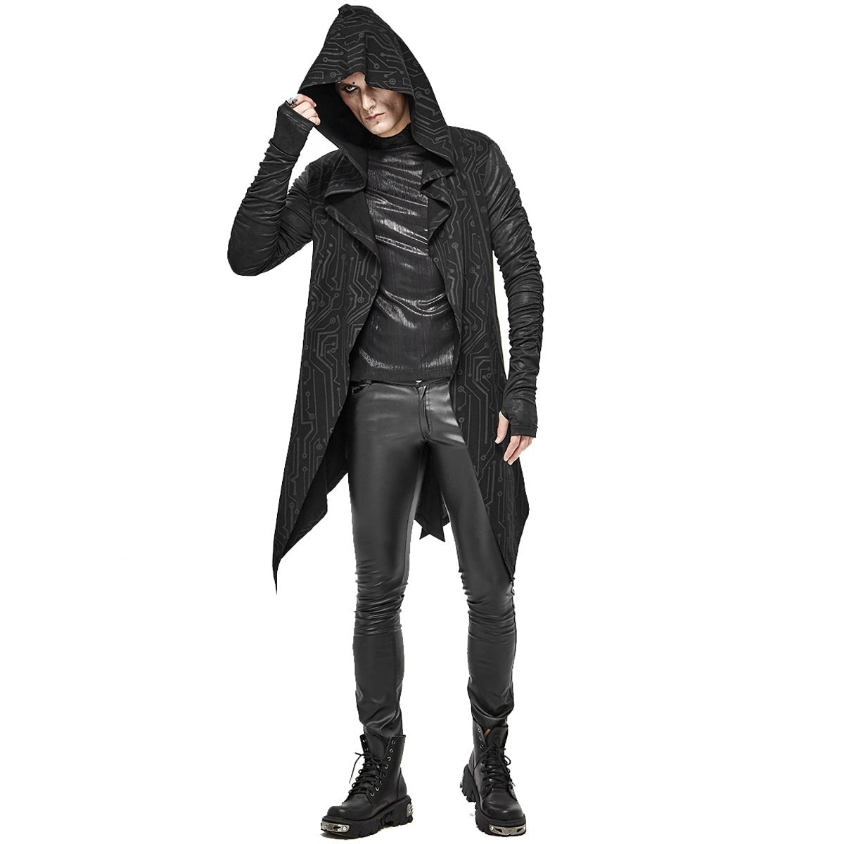 Man wearing black hooded cardigan with textured pattern, open front, worn look | Chaps London