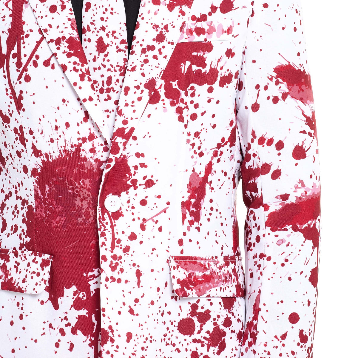 White blazer with red blood splatter pattern, close-up worn by person | Chaps London