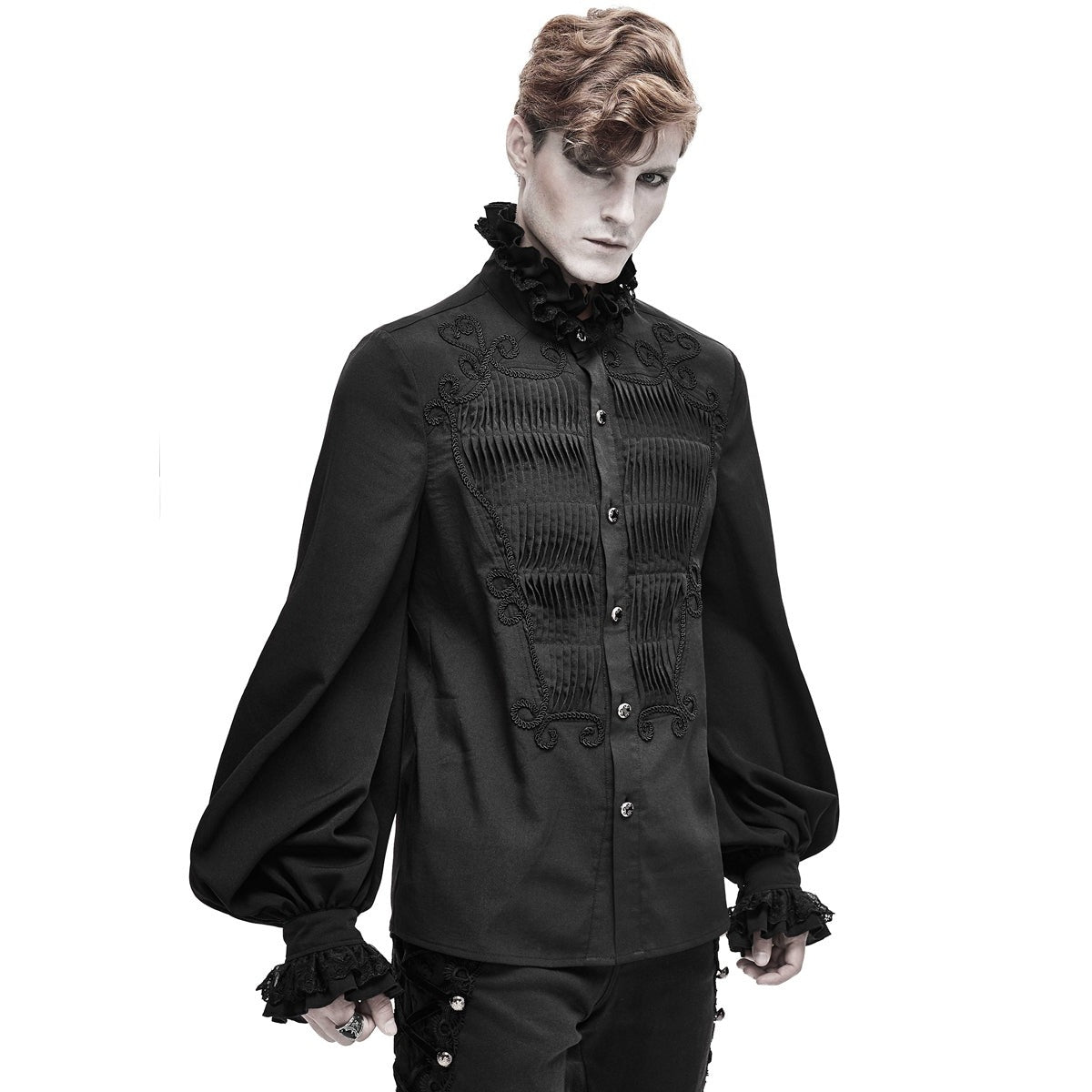 Black gothic pleated shirt with ruffled collar, worn by male model | Chaps London