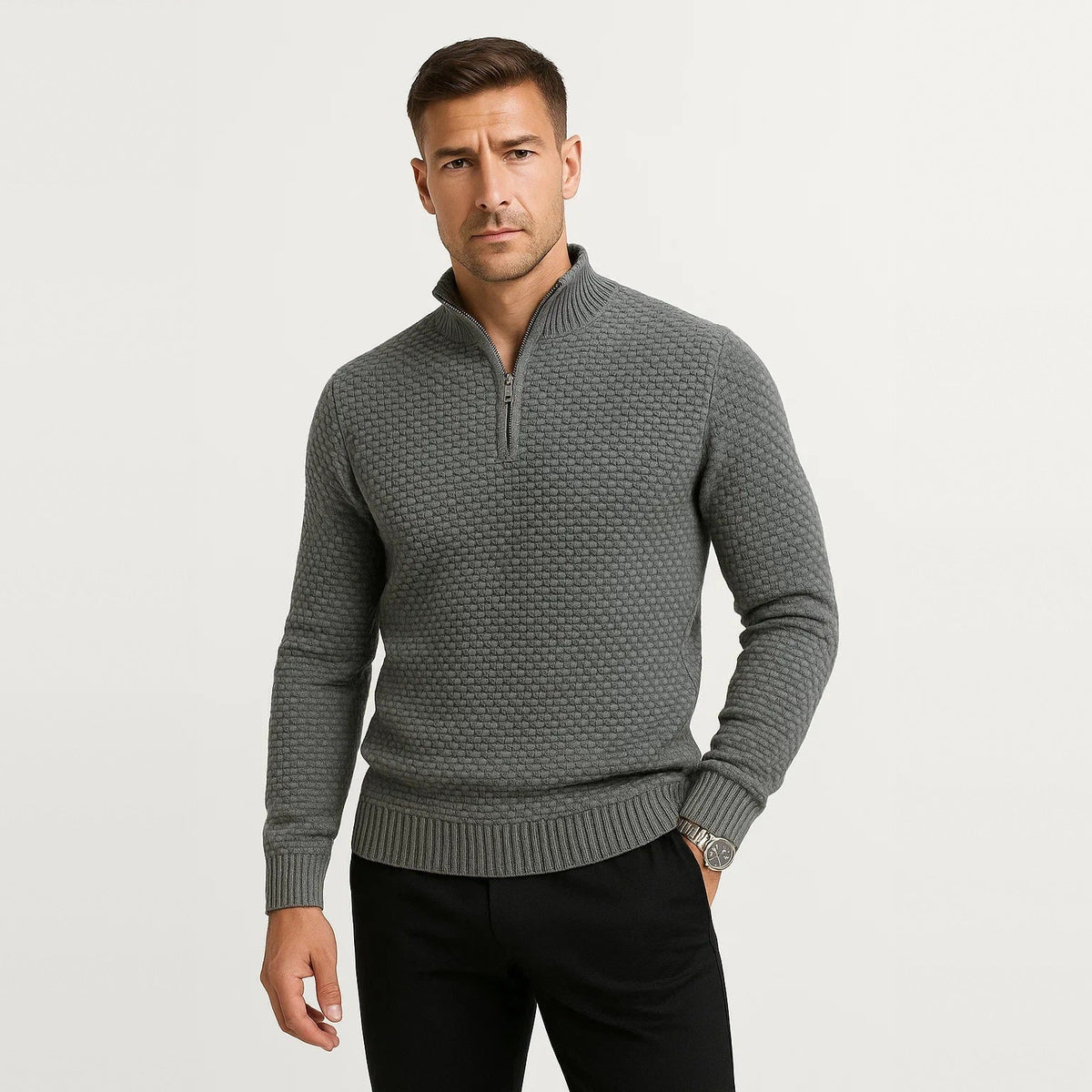 Man wearing grey waffle knit quarter zip jumper with black trousers | Chaps London