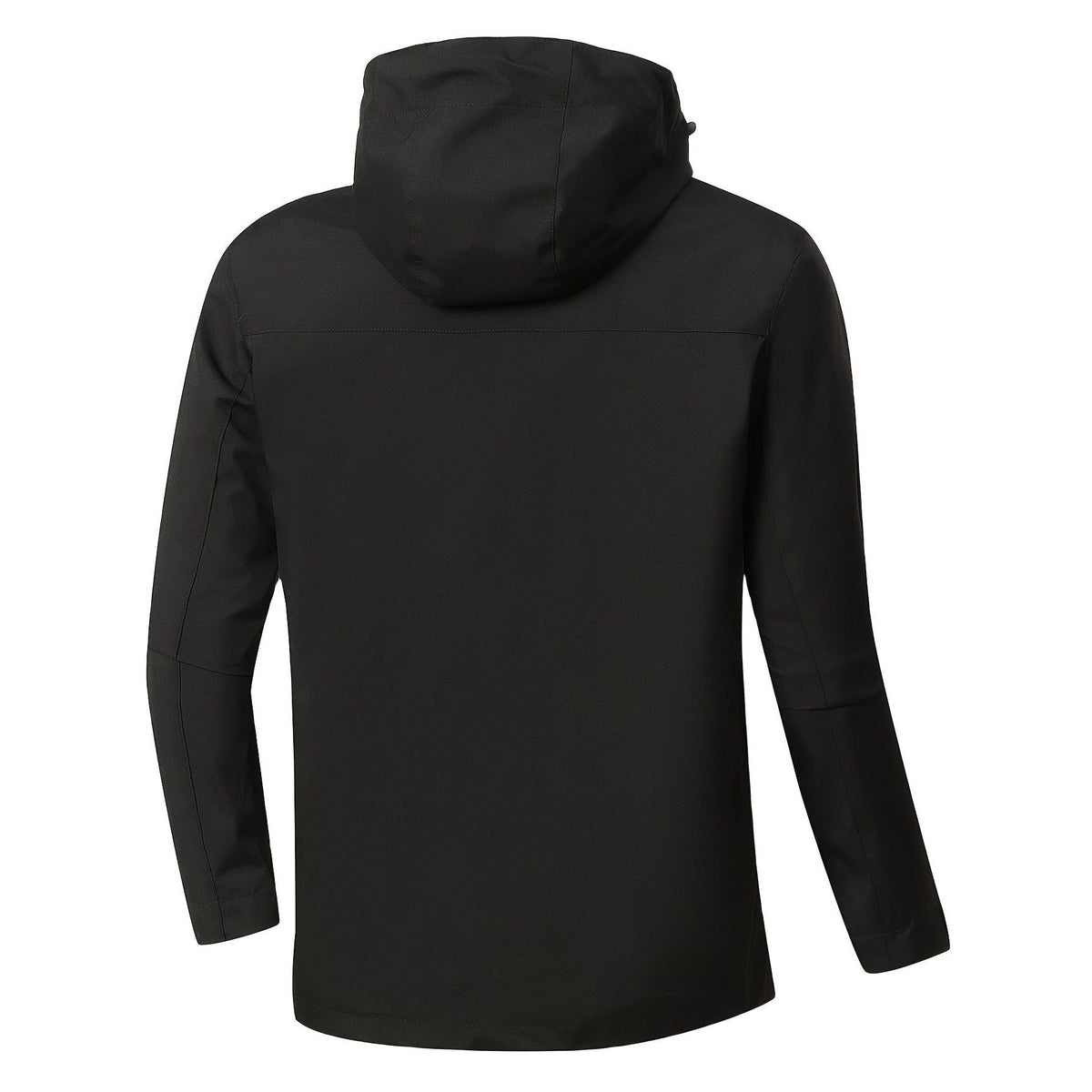 Black hooded jacket back view shown on mannequin, long sleeves, plain fabric | Chaps London