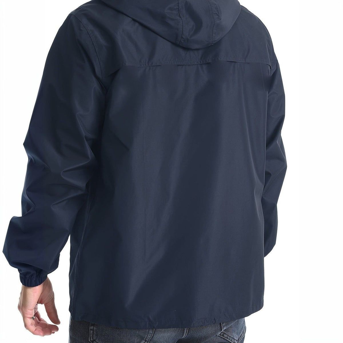 Man wearing navy blue hooded rain jacket, back view, worn outdoors | Chaps London