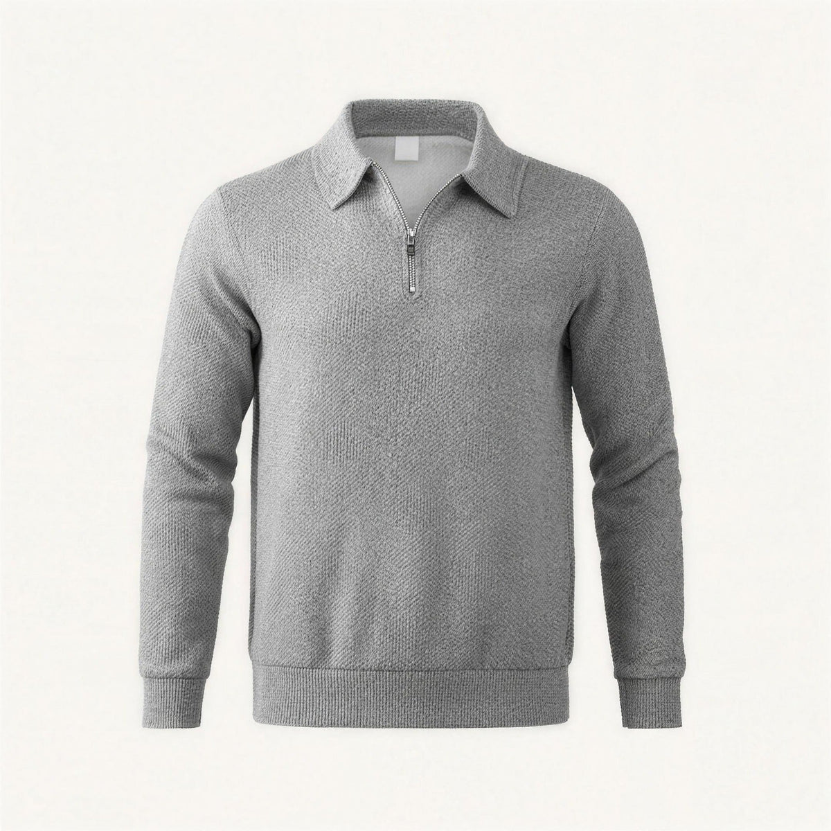 Gray textured knit half-zip polo sweater with ribbed collar, shown flat | Chaps London