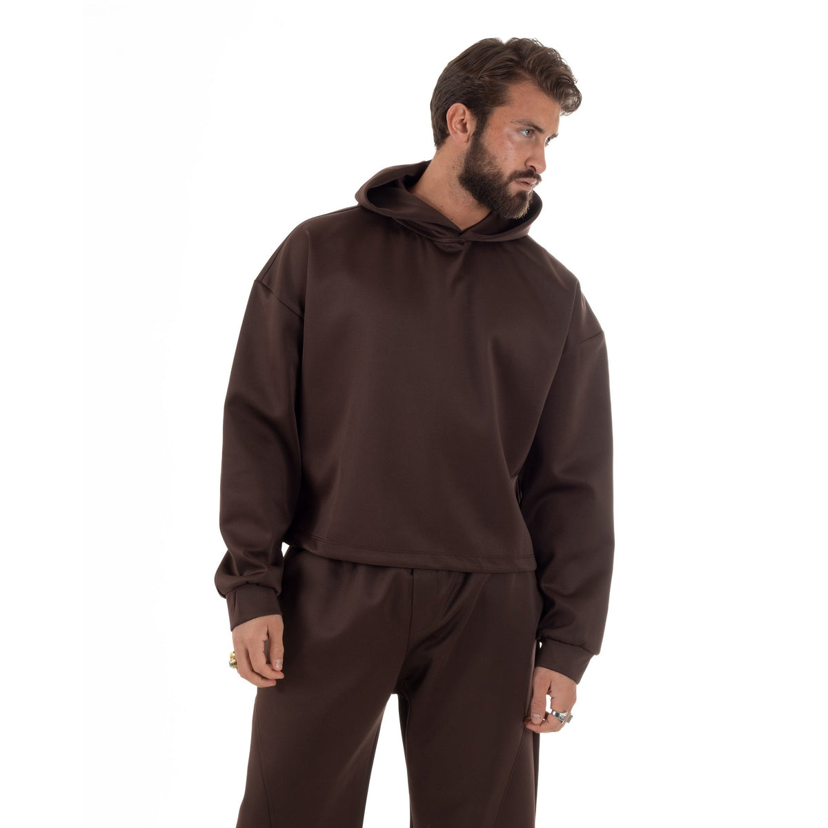 Men's Cropped Hoodie Set | Baggy Trousers | Brown