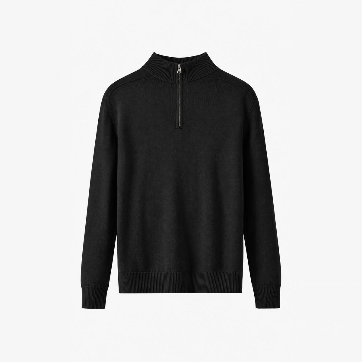 Black half-zip jumper with high neck, shown flat, long sleeves visible | Chaps London