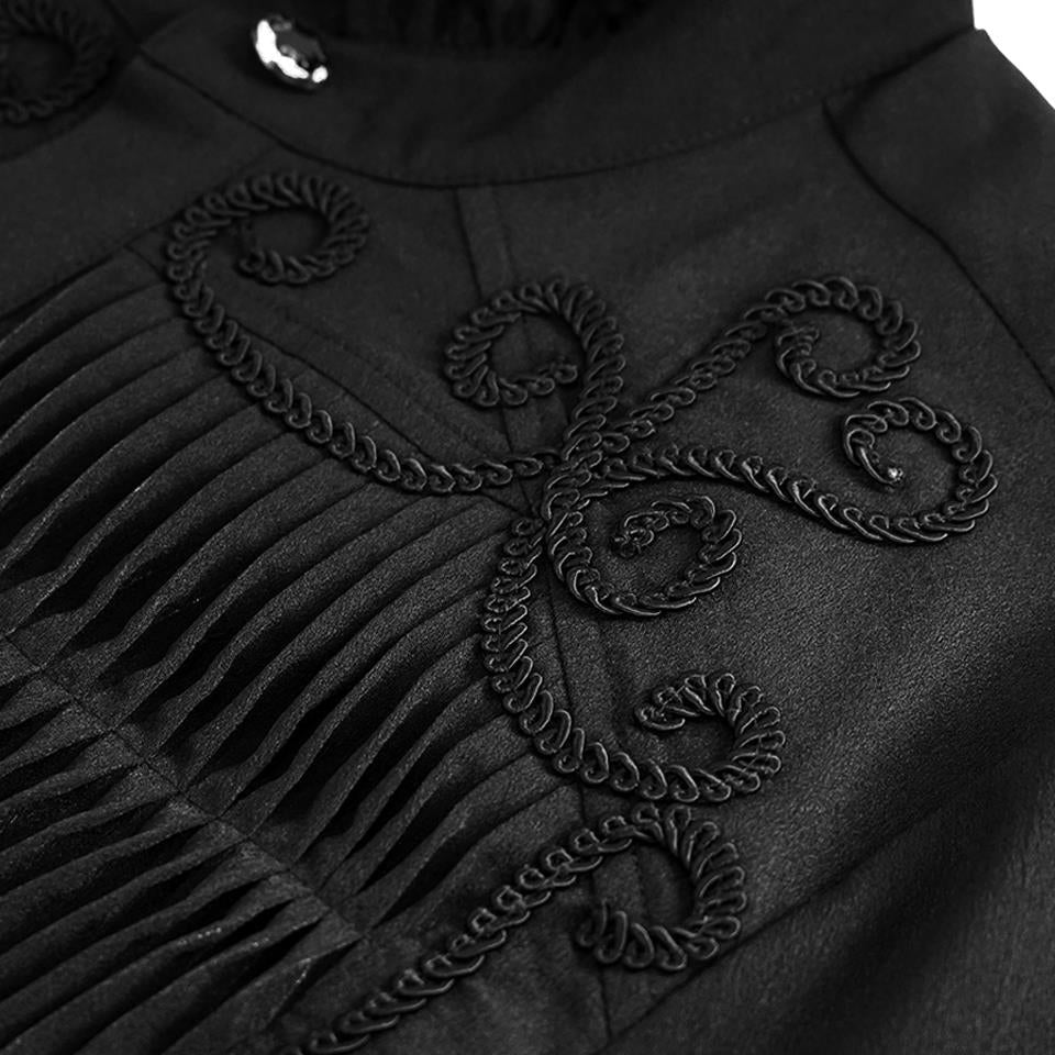 Black shirt with decorative cord scroll embroidery and vertical pleated panel detail | Chaps London
