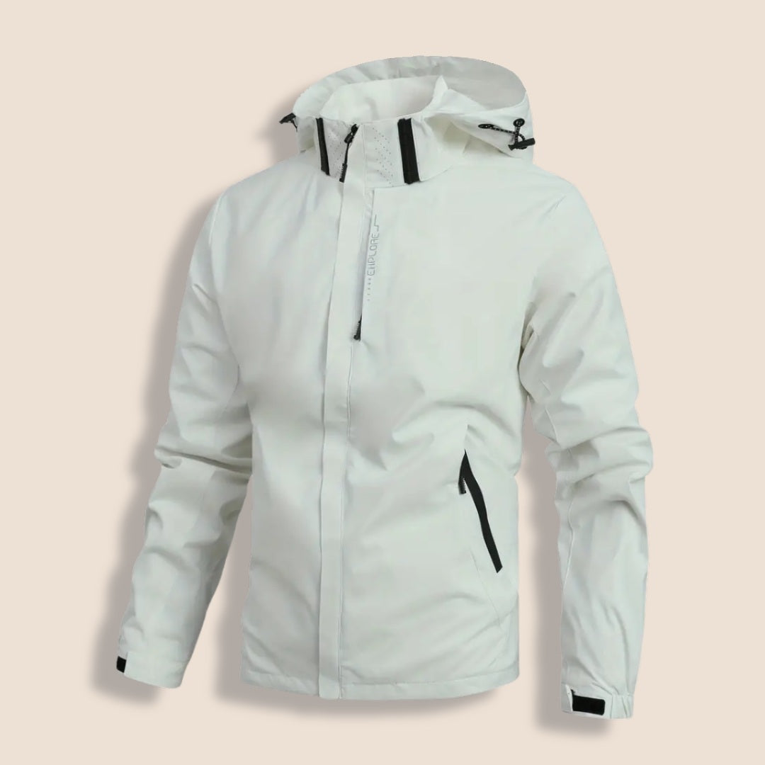 Cream hooded rain jacket with zippered pockets, shown on invisible mannequin form | Chaps London