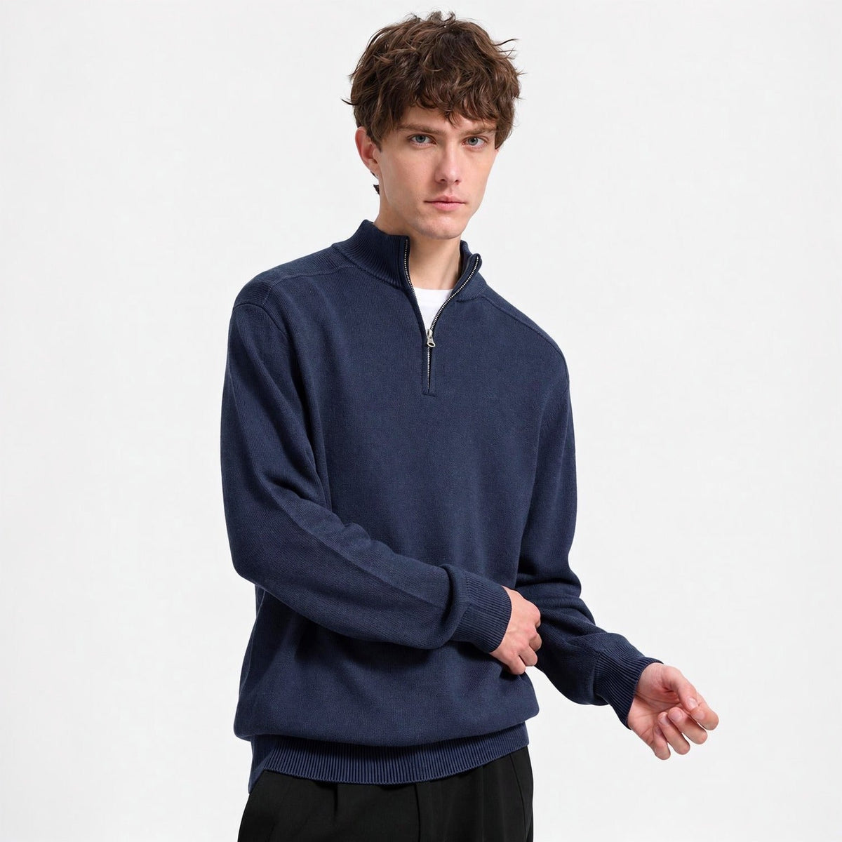 Man wearing navy half-zip jumper with ribbed cuffs and high neck | Chaps London