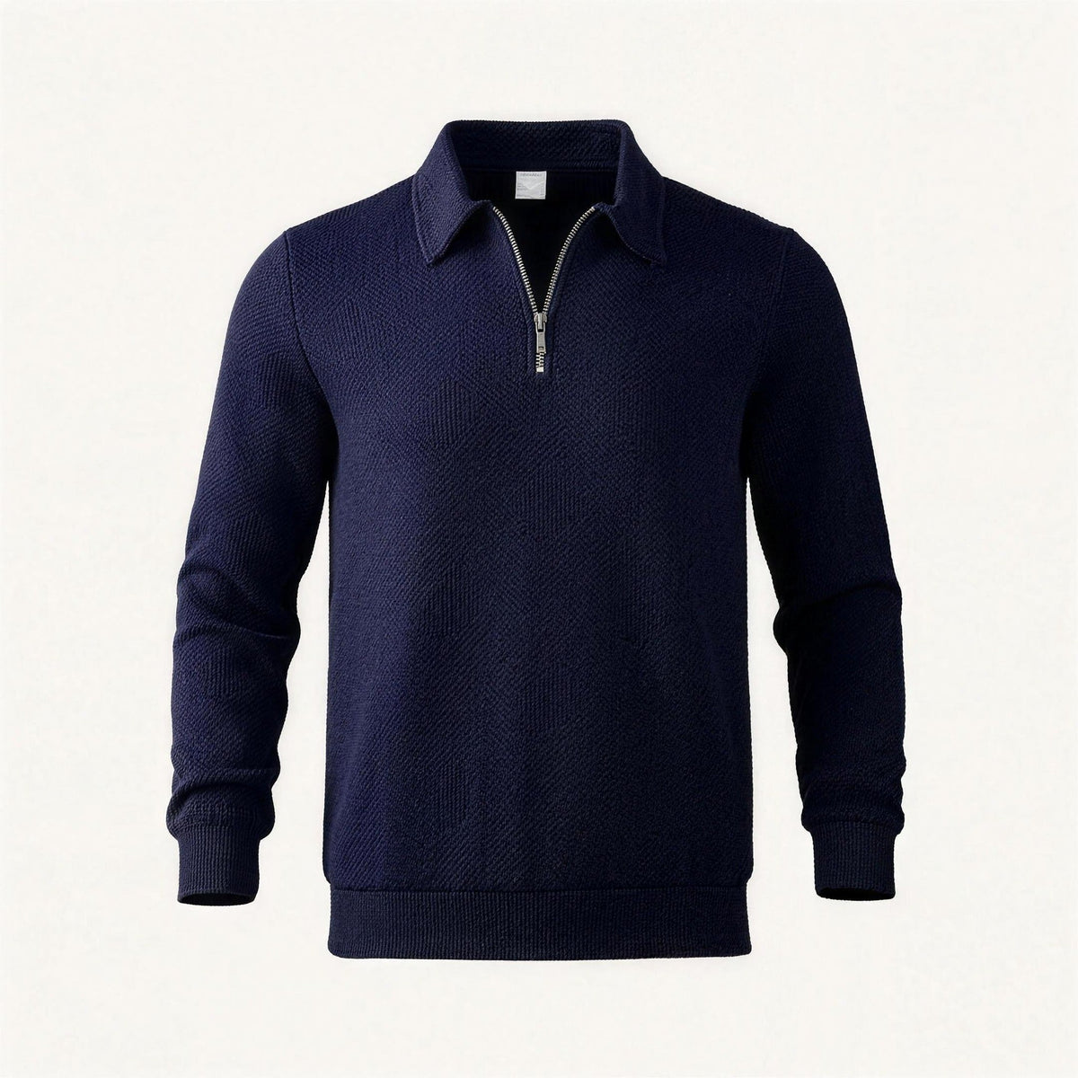 Navy blue textured knit quarter-zip polo sweater displayed flat on background | Chaps London