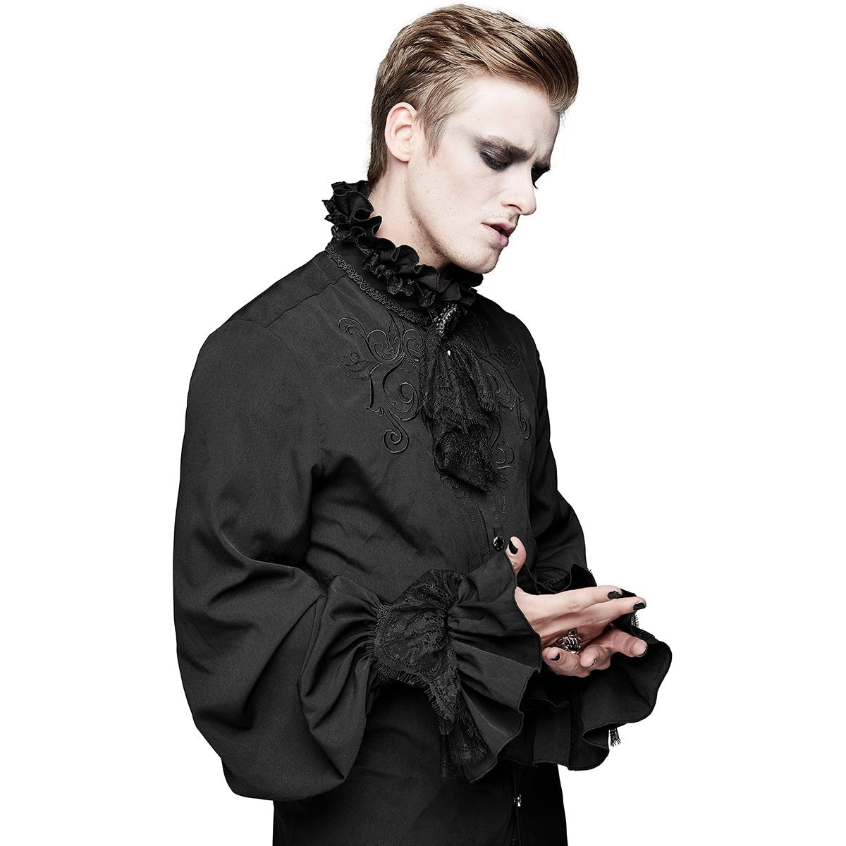 Man wearing black gothic shirt with ruffled collar and lace cravat | Chaps London