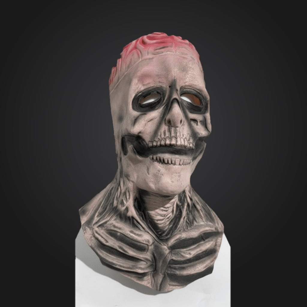 Latex skull mask, pink and gray, full head, displayed on mannequin bust | Chaps London