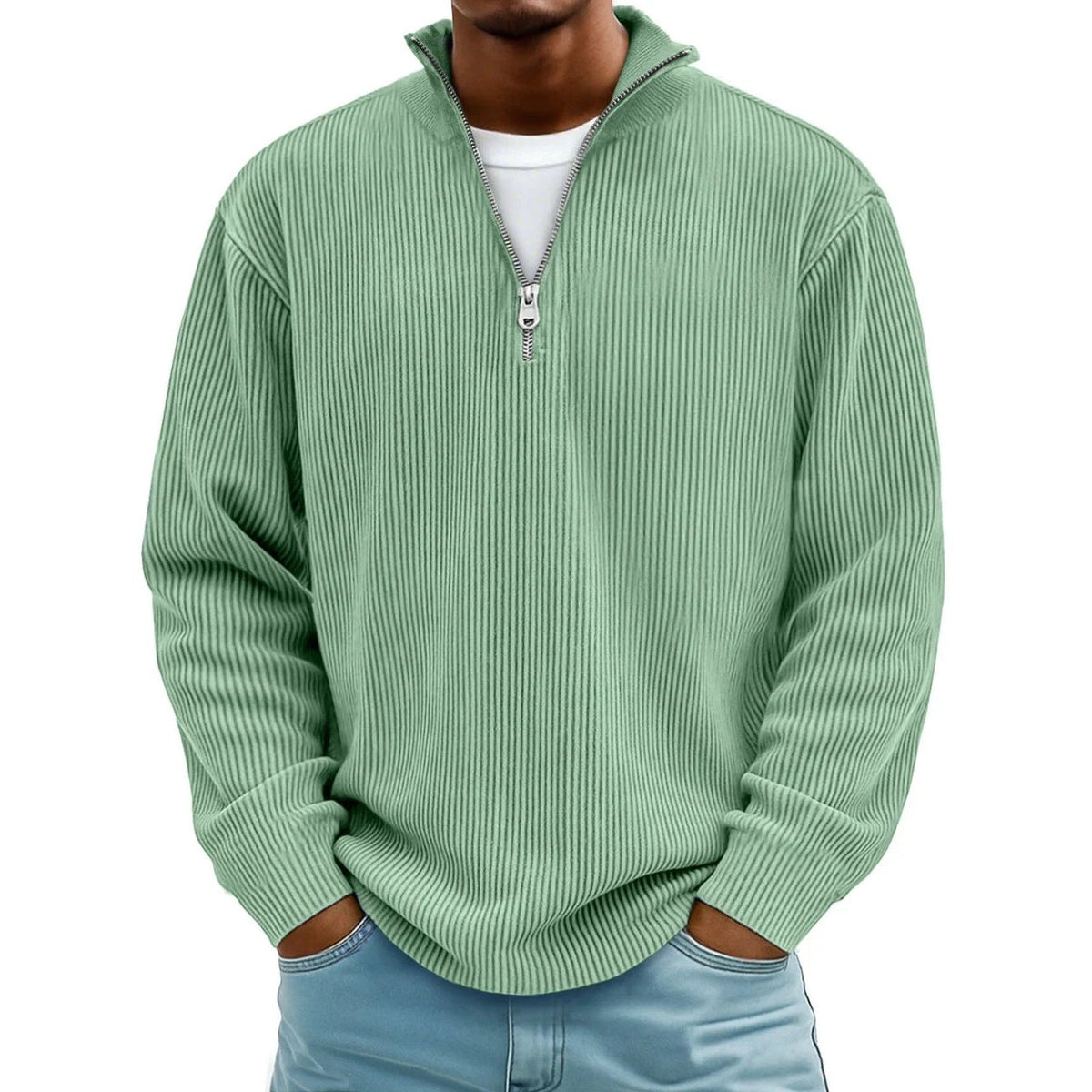Man wearing sage green ribbed knit half-zip sweater with light denim jeans | Chaps London