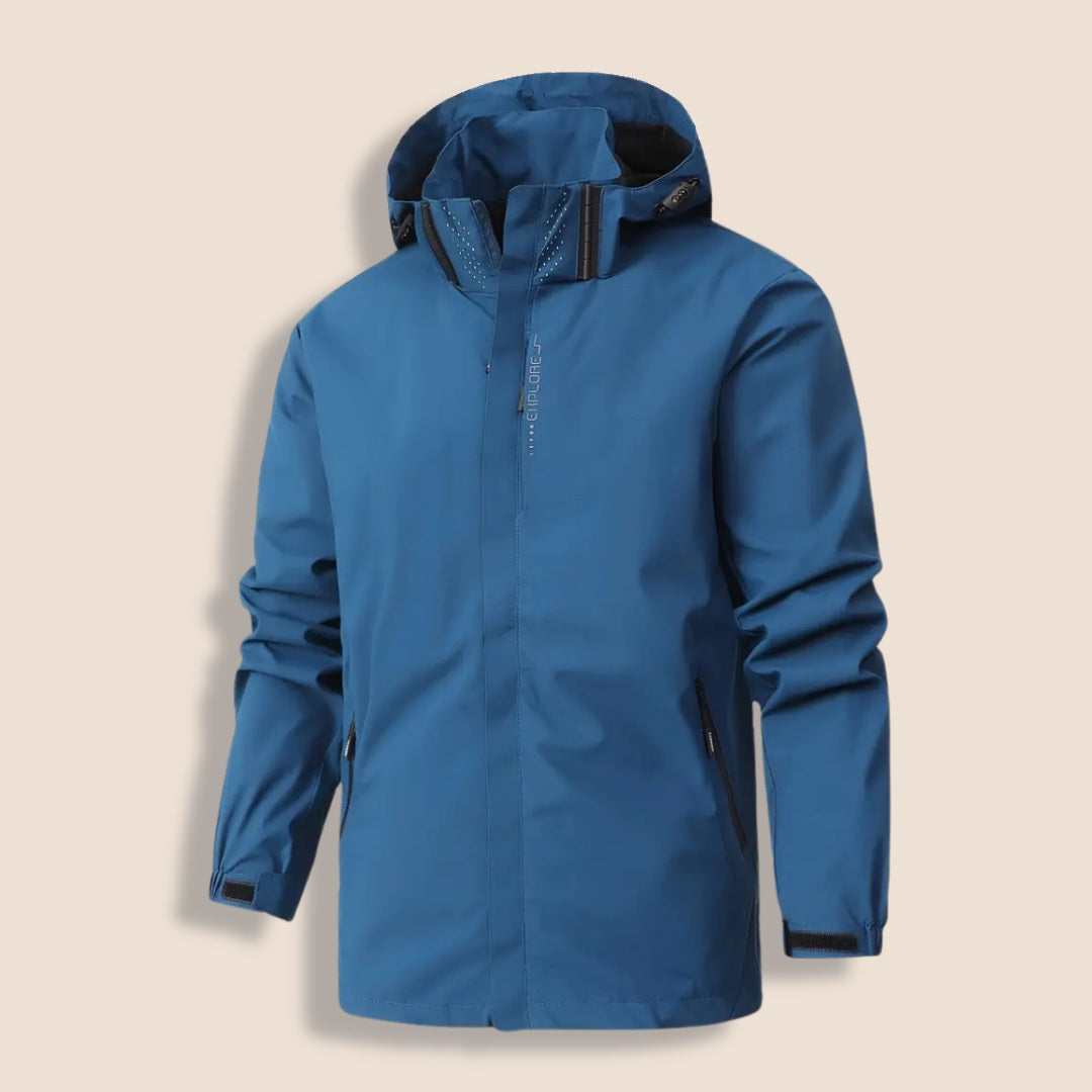 Blue hooded rain jacket with full zip, shown on mannequin | Chaps London