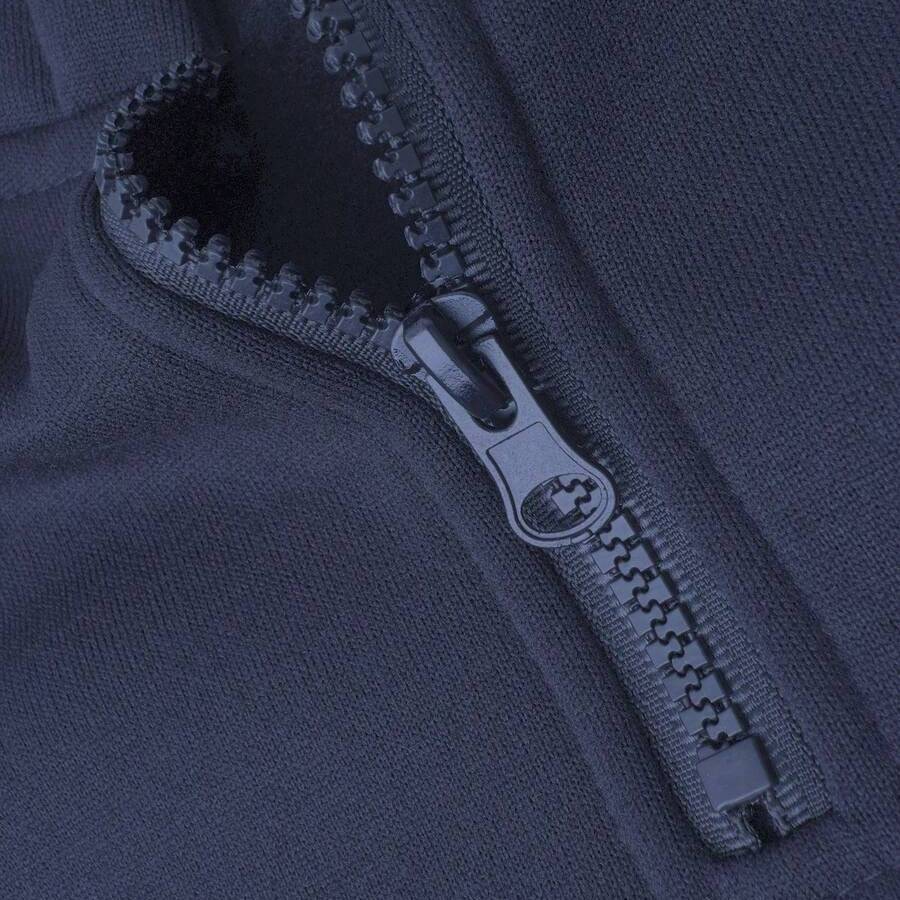 Close-up of navy half-zip hoodie zipper detail, fabric texture visible | Chaps London