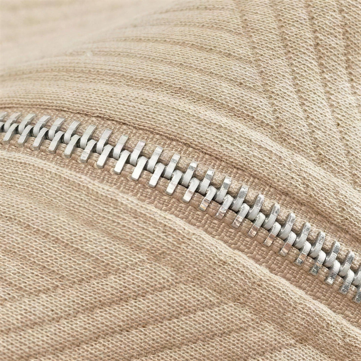Close-up of beige ribbed knit fabric with silver half-zip closure | Chaps London