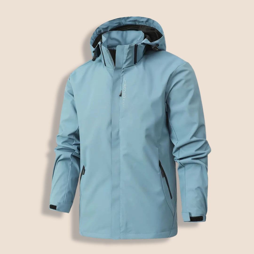 Slate blue hooded rain jacket with zippered pockets, shown on invisible mannequin | Chaps London