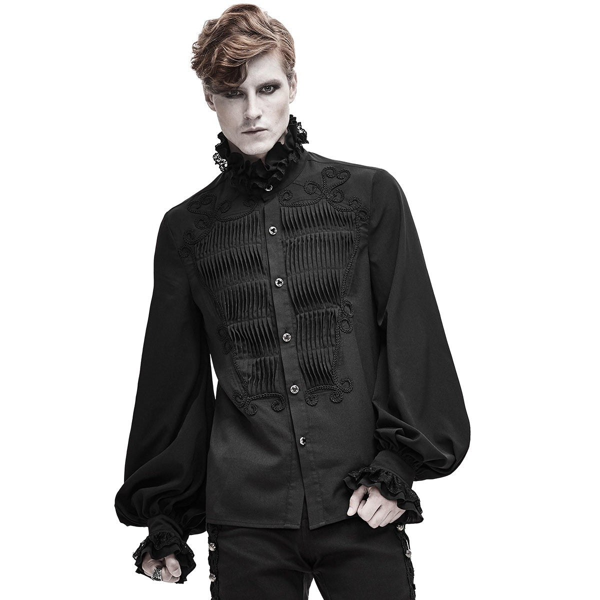 Man wearing black gothic shirt with pleated front and ruffled collar | Chaps London