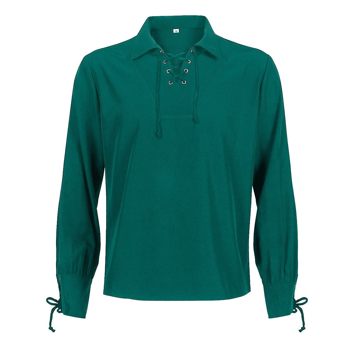 Green lace-up collared shirt with long sleeves, laid flat, tied cuffs | Chaps London