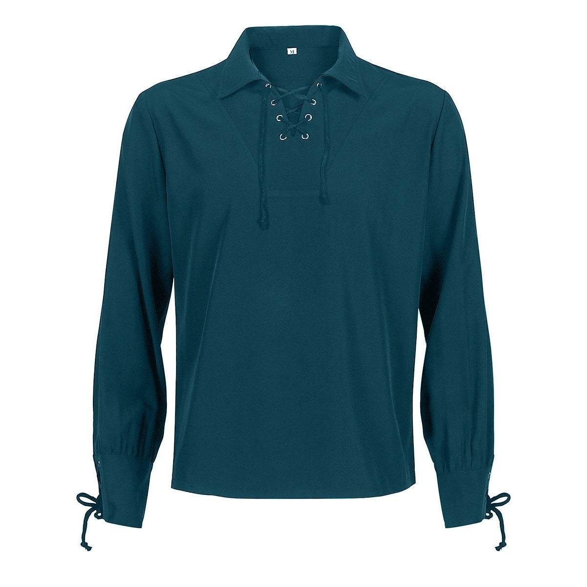 Teal lace-up collared shirt with long sleeves, laid flat | Chaps London