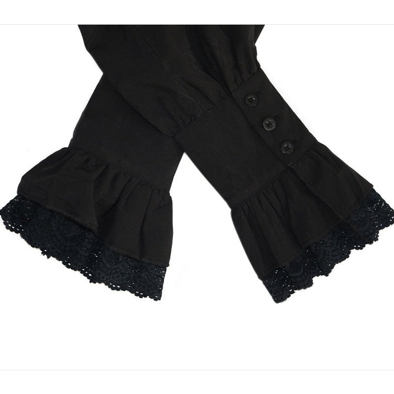 Black ruffled cuff sleeve with buttons and lace trim detail | Chaps London