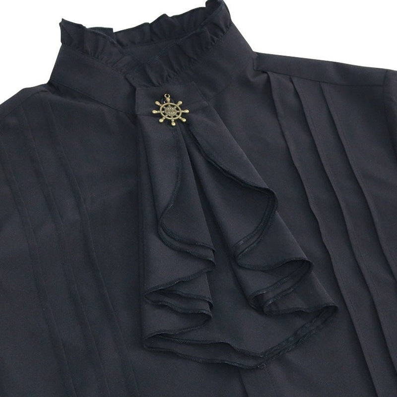 Black ruffled jabot shirt with ship wheel brooch, pleated front, worn | Chaps London
