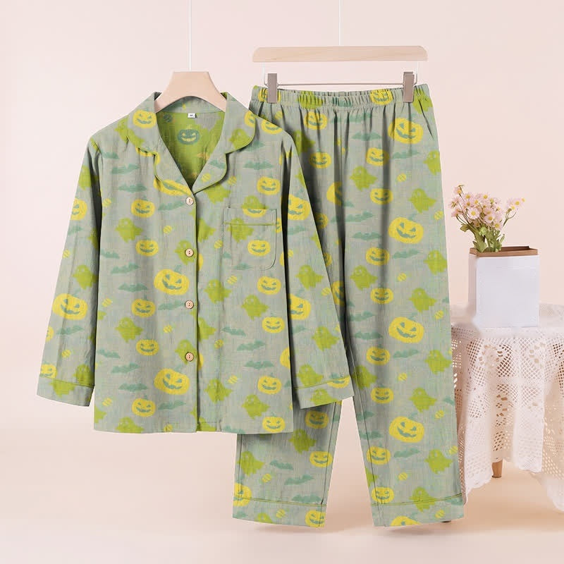Green pajama set with yellow pumpkin print displayed on mannequin | Chaps London