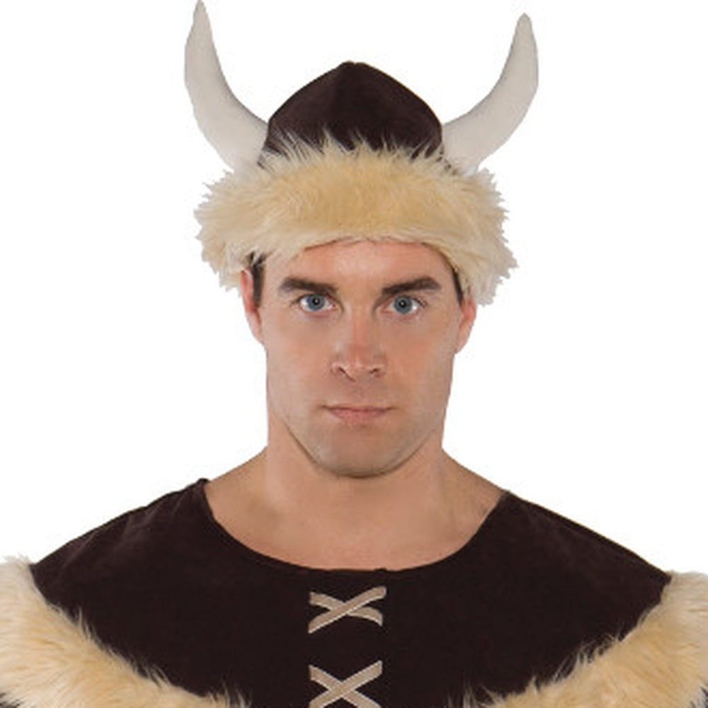Man wearing brown Viking horned hat with faux fur trim and tunic | Chaps London