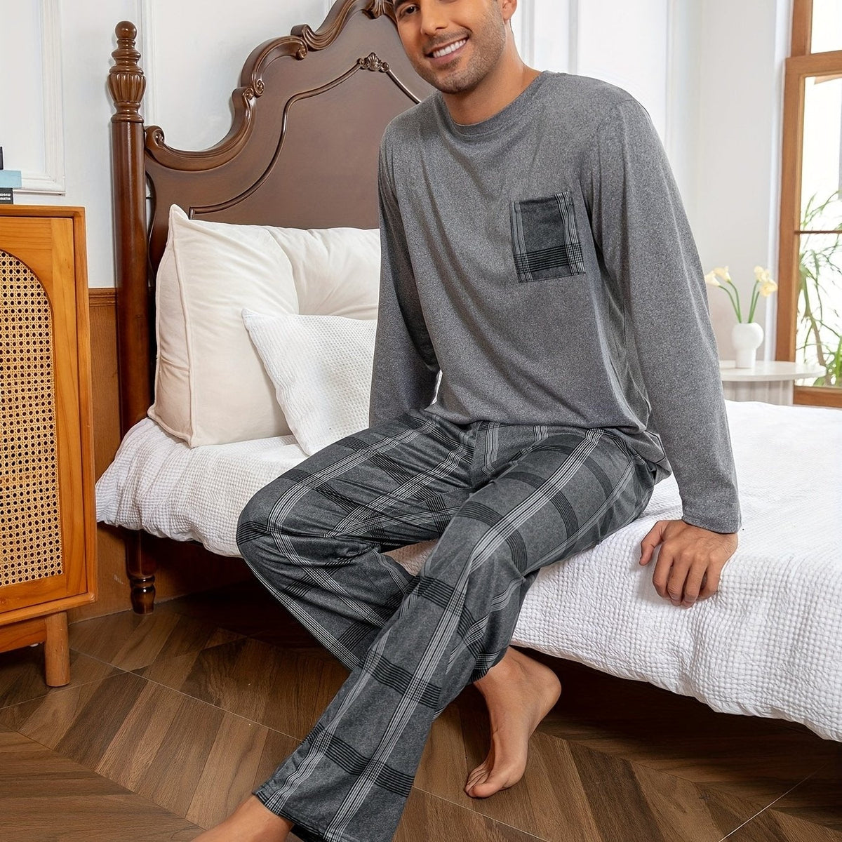 Men's Relaxed Check Pyjamas | Grey