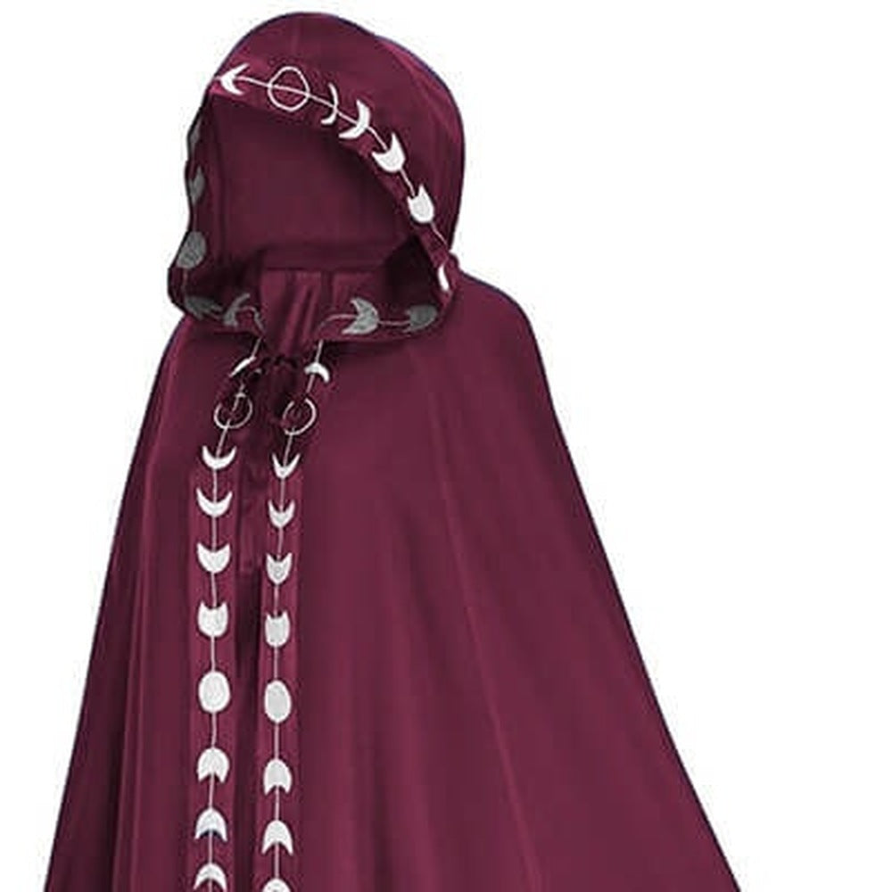 Burgundy hooded cloak with silver moon phase trim, worn by model | Chaps London