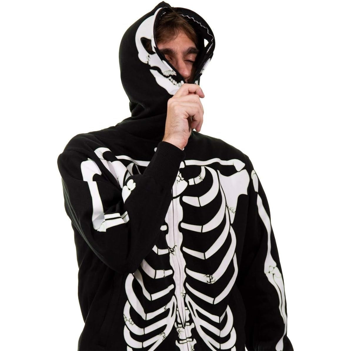 Man wearing black skeleton print zip hoodie with hood covering face | Chaps London