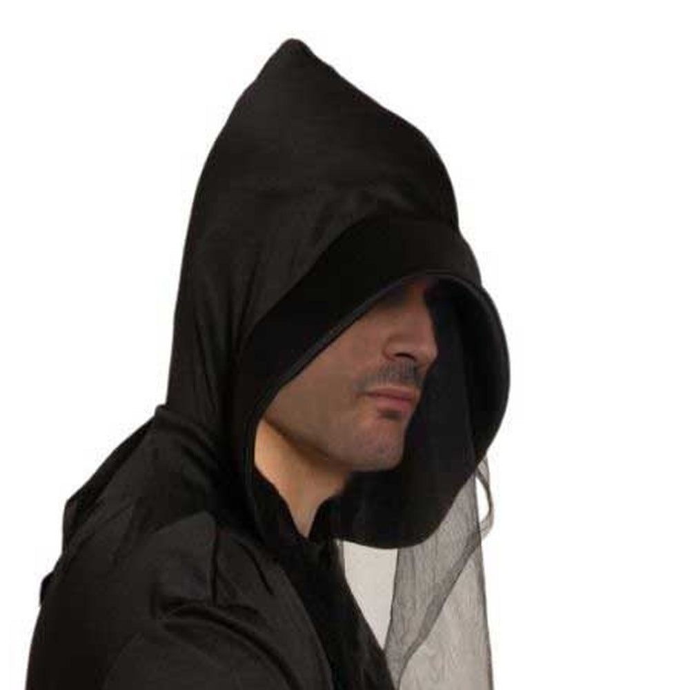 Man wearing black hooded robe with mesh face veil, side view | Chaps London