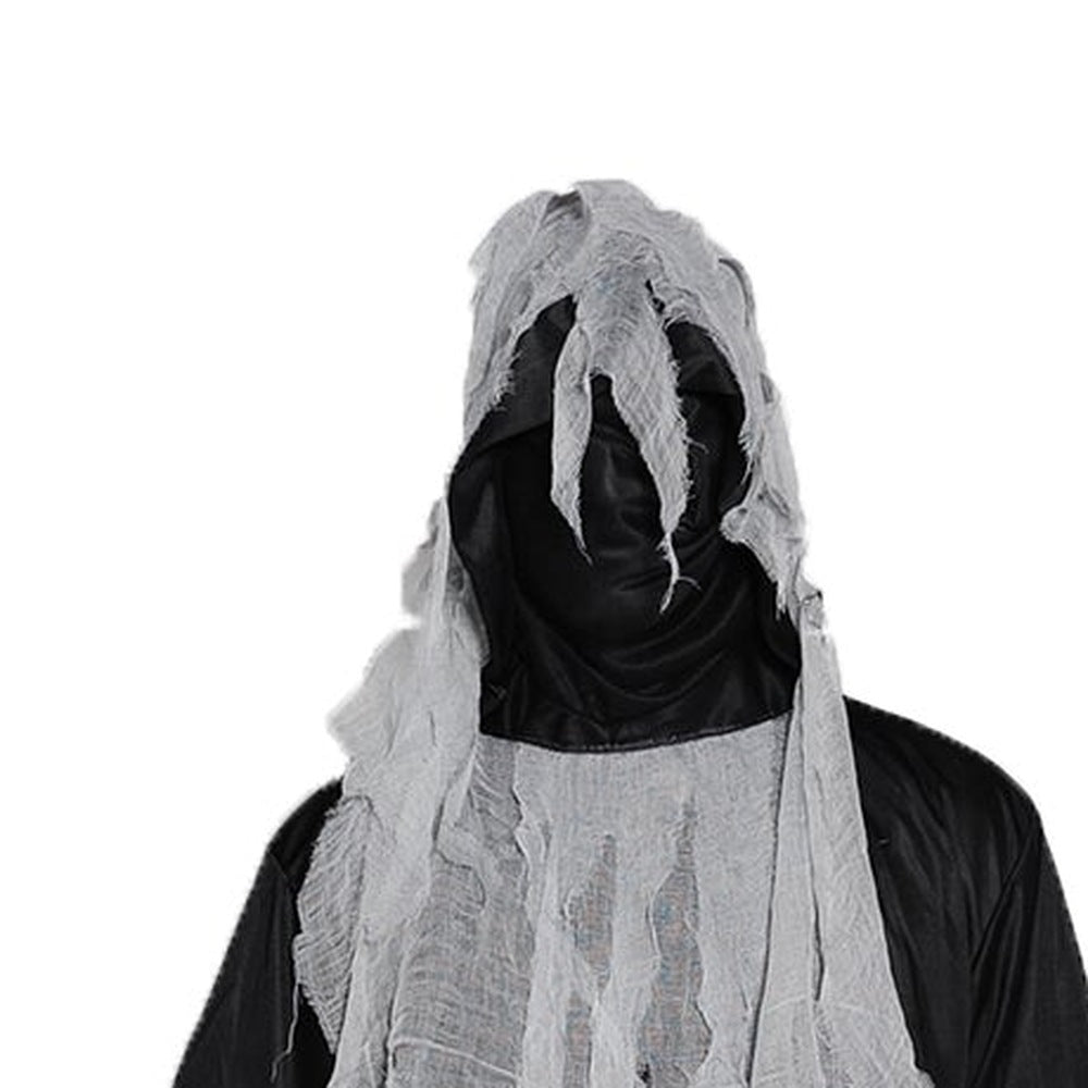 Person wearing black robe with gray tattered hooded rag mask costume | Chaps London