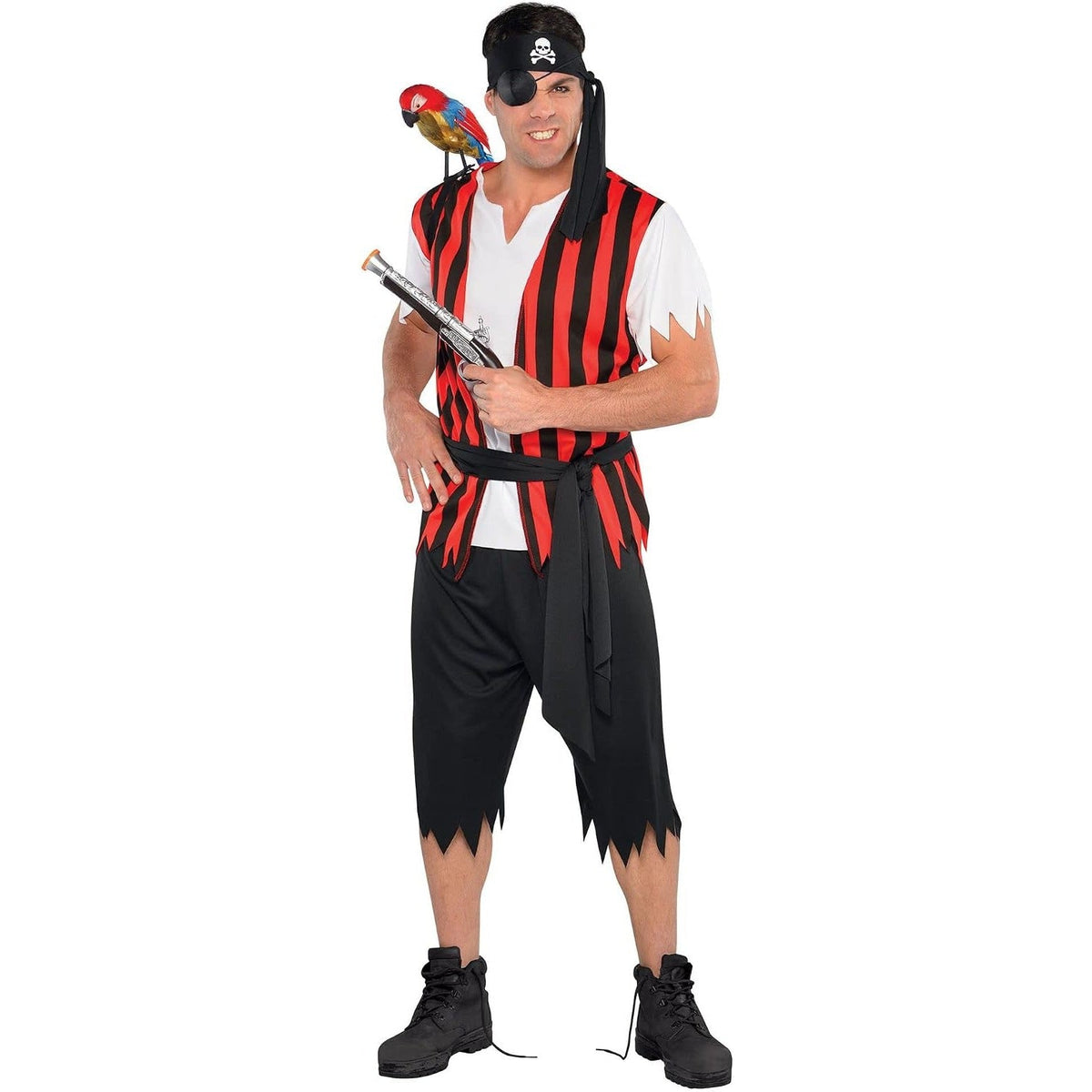 Man wearing striped pirate costume with headscarf, eyepatch, sash, and prop pistol | Chaps London