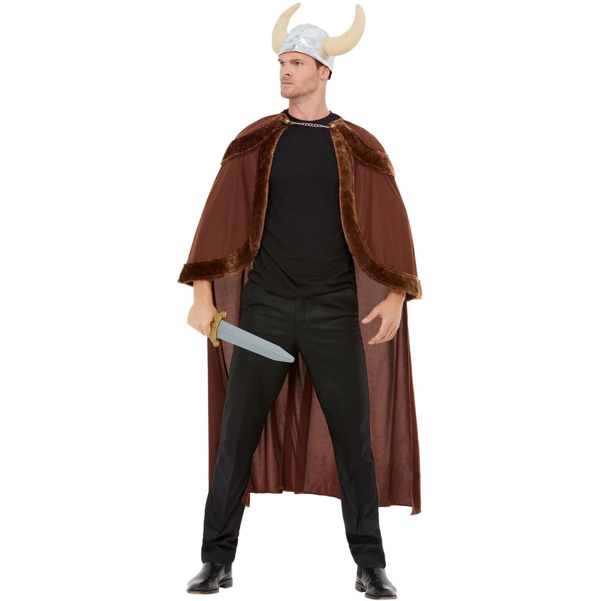 Man wearing brown Viking costume cape with horned helmet, holding toy sword | Chaps London