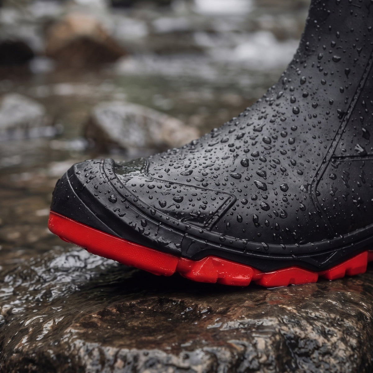 Black rain boot with red treaded sole on wet rock | Chaps London