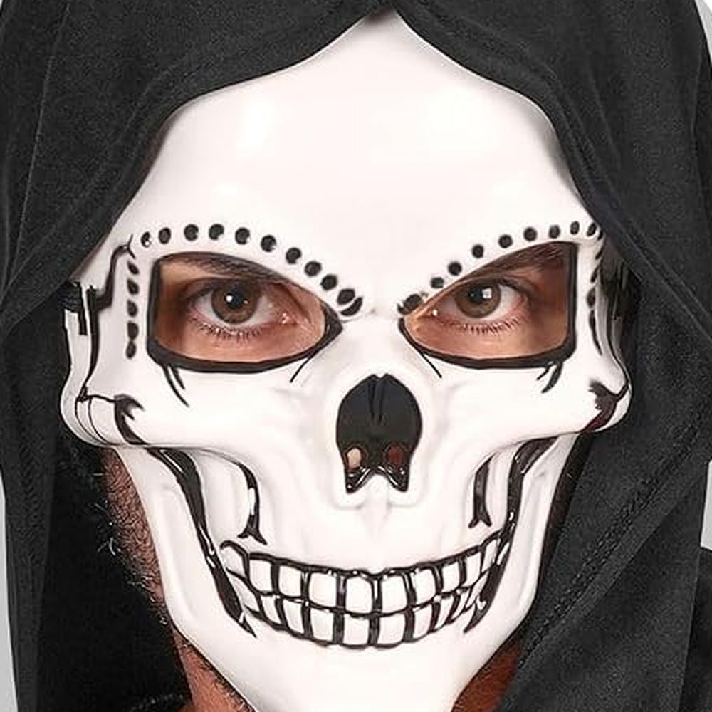 White skull mask with black details, worn by man with hood | Chaps London