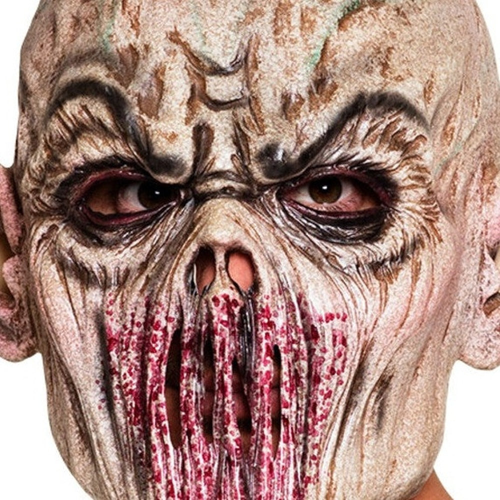 Beige monster mask with bloody teeth worn by a person | Chaps London
