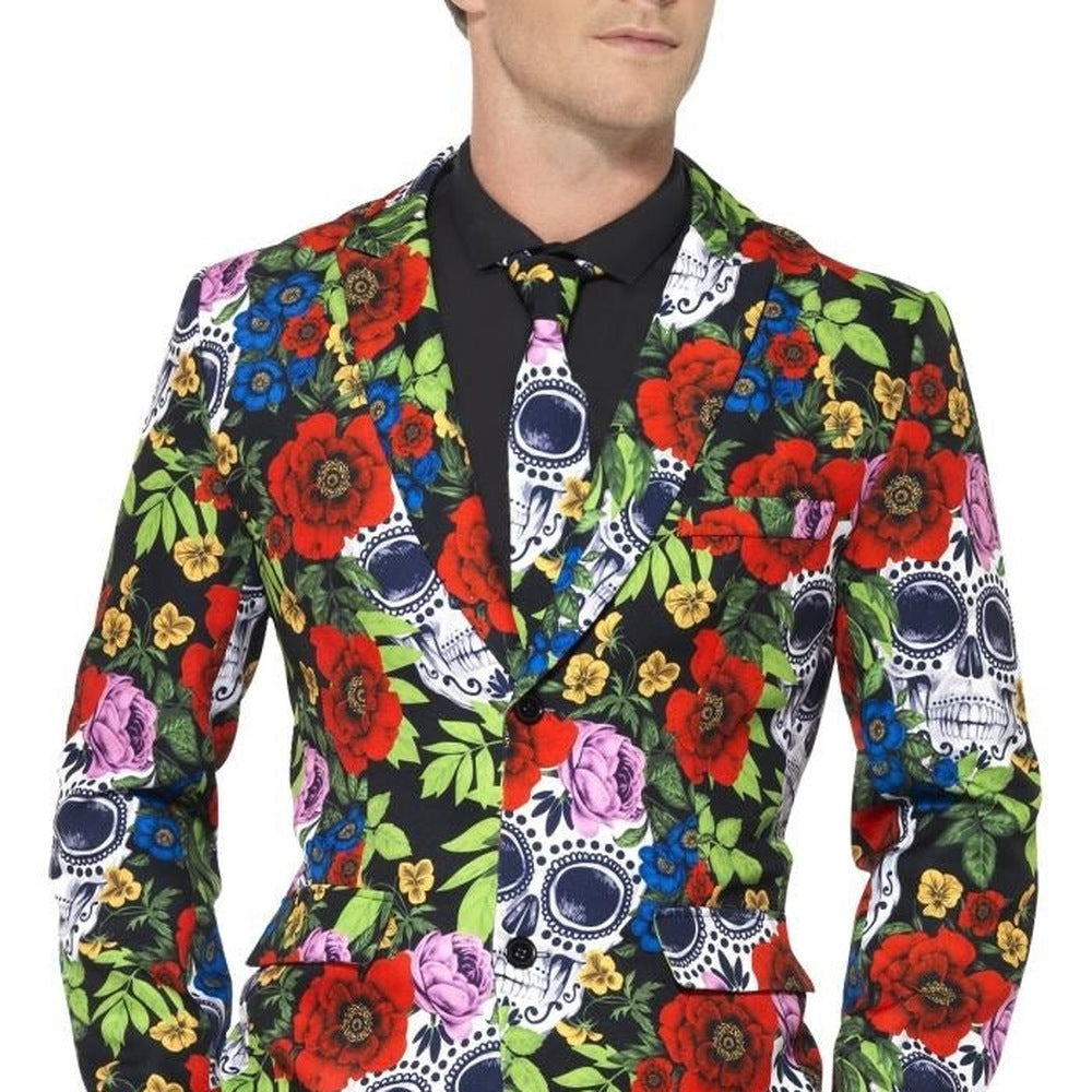 Man wearing black suit jacket with floral and skull print pattern | Chaps London