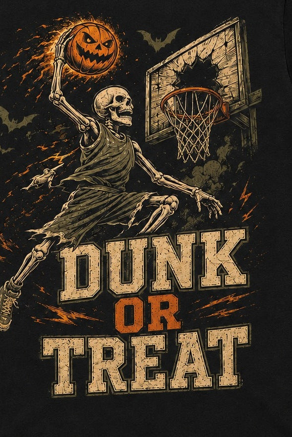 Black t-shirt with skeleton dunking basketball graphic and Halloween design, shown flat | Chaps London