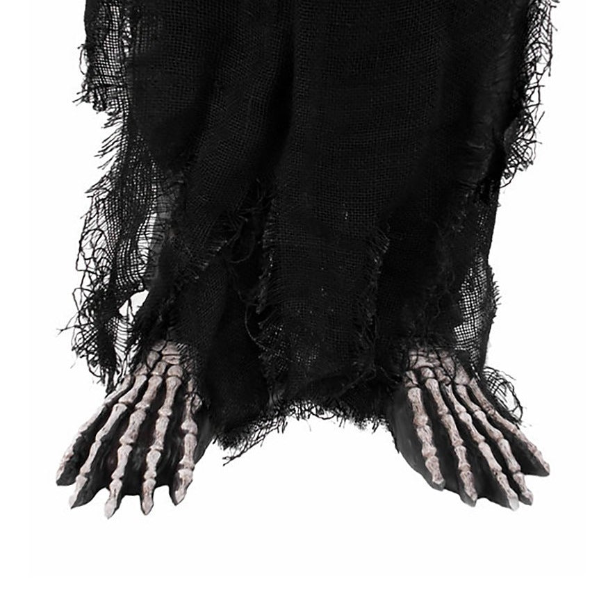 Skeleton feet shoe covers with black tattered fabric, shown flat on display | Chaps London