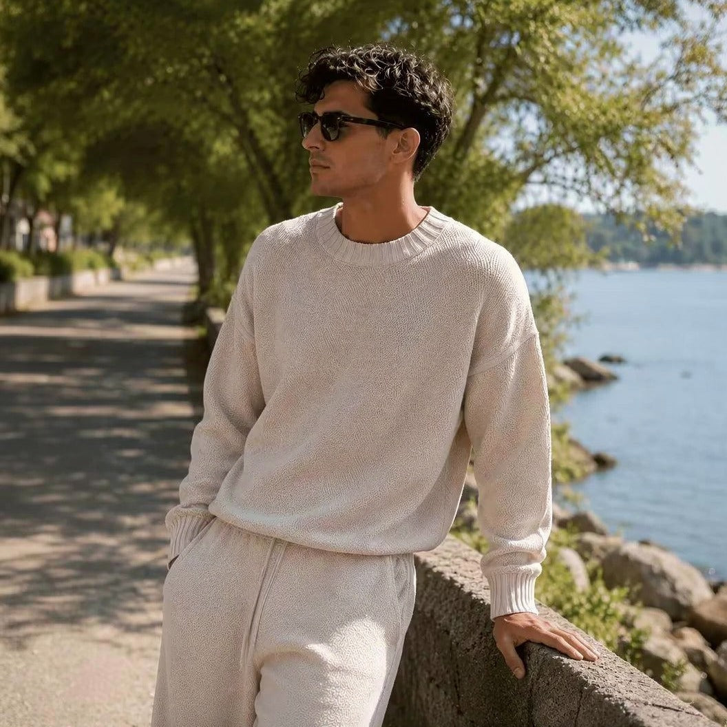 Men's Oversized Knit Set | Crew Neck Jumper | Wide Trousers | Cream