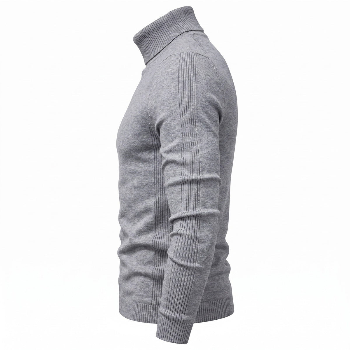 Gray ribbed turtleneck sweater on mannequin, side view, slim fit knit | Chaps London