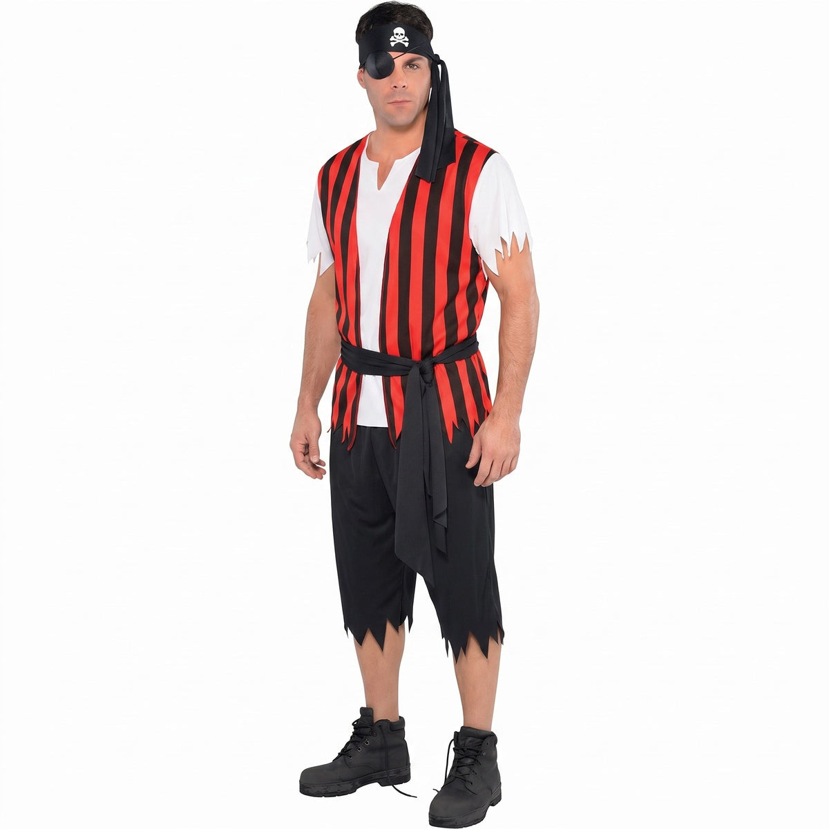 Man wearing red and black striped pirate vest with headscarf and shorts | Chaps London