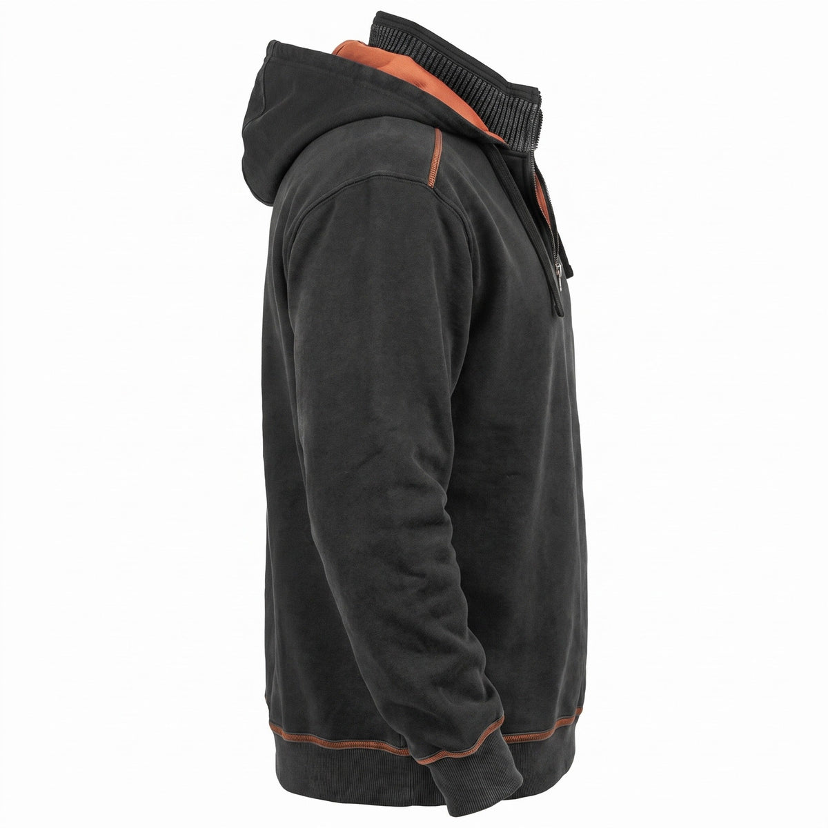 Black half-zip hoodie with orange trim, side view on mannequin | Chaps London