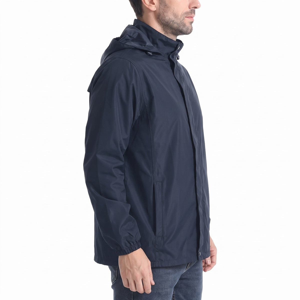 Man wearing navy hooded rain jacket, side profile view, worn | Chaps London