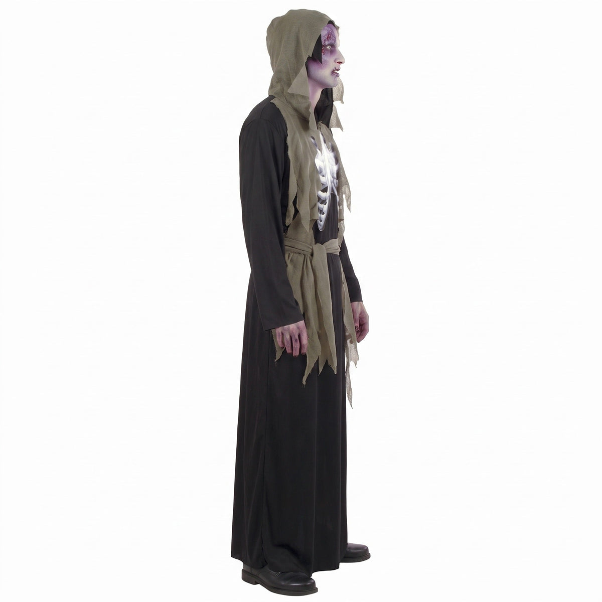 Zombie hooded robe with holographic ribcage worn by man, side view | Chaps London