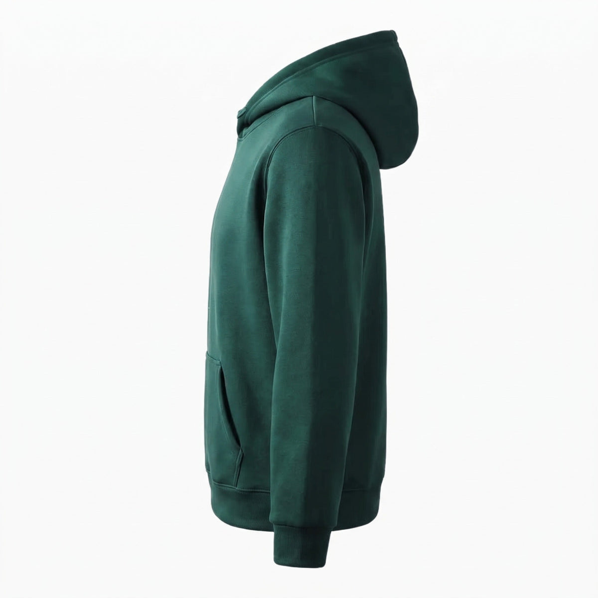 Dark green fleece pullover hoodie on mannequin, side profile view | Chaps London