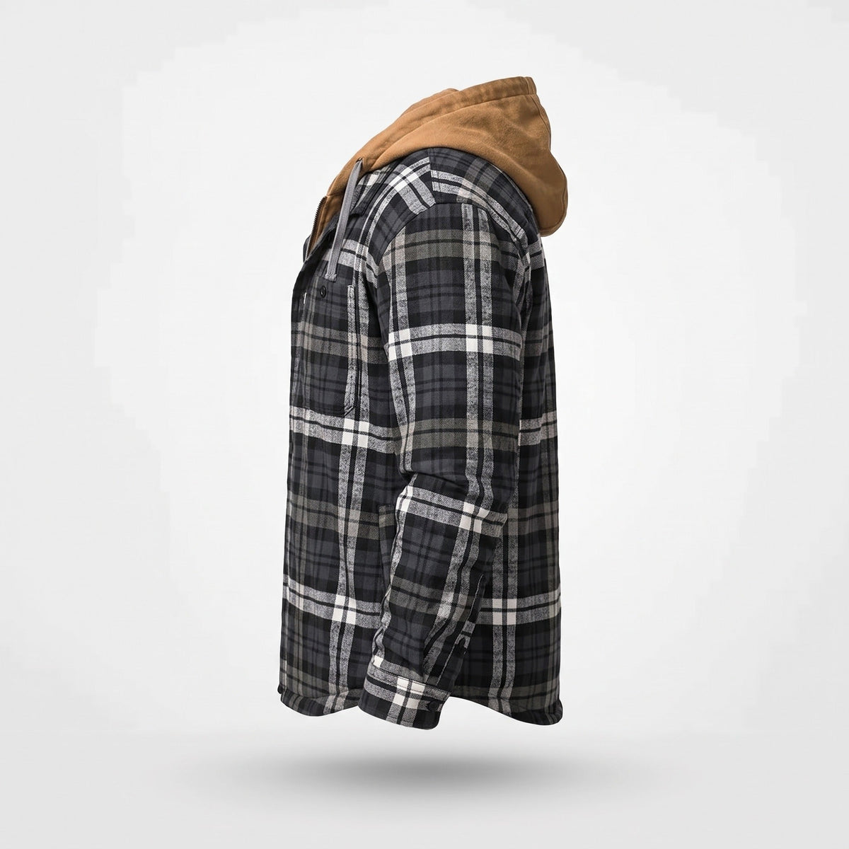 Gray plaid hooded shirt jacket with tan hood, side profile view | Chaps London