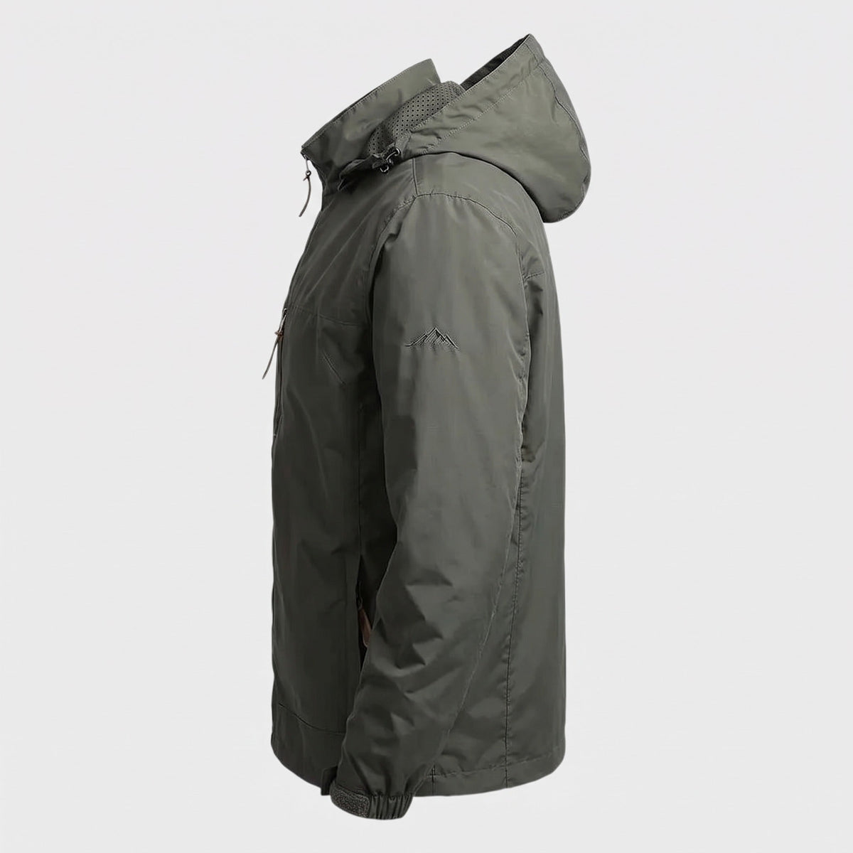 Olive green hooded rain jacket with zip pockets, side view on mannequin | Chaps London